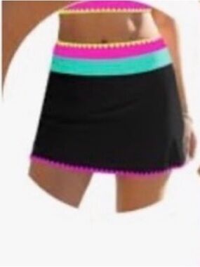 Popvil Women's Black Bikini SKIRT ONLY Pink, Teal & Yellow Trim MEDIUM
